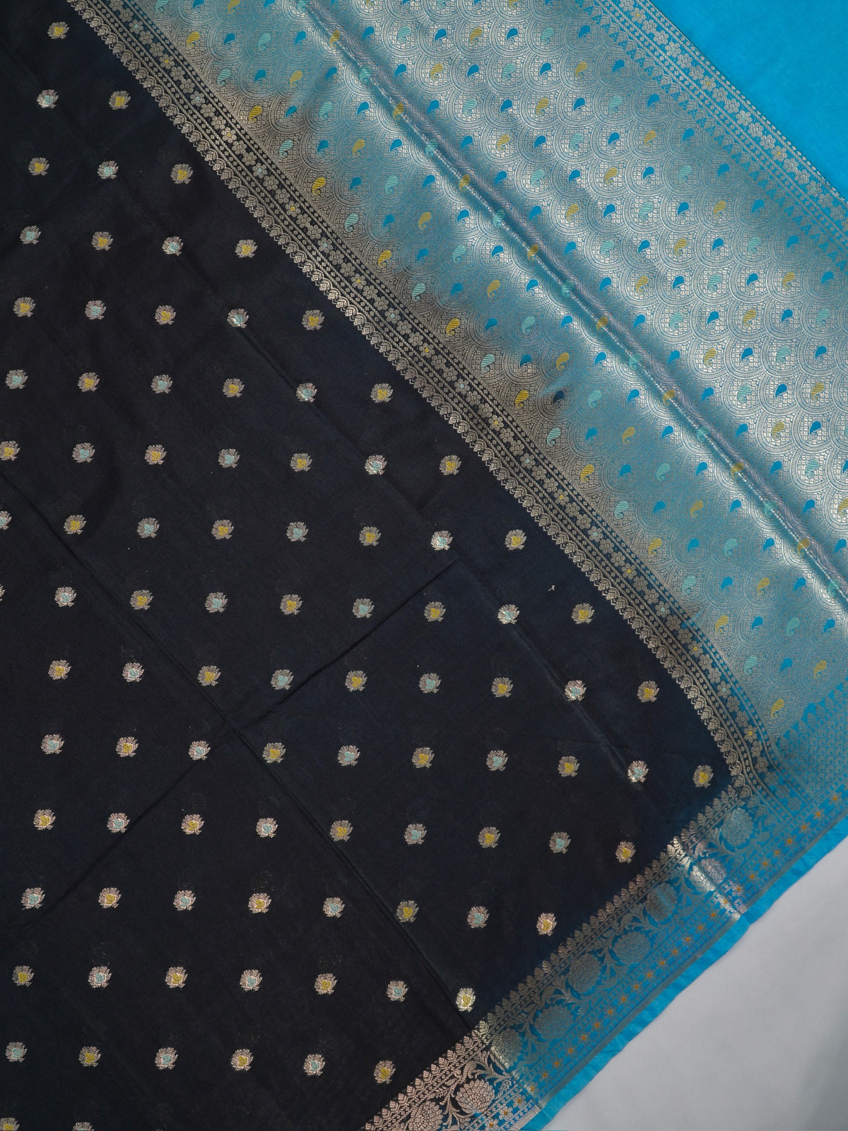 Midnight Black Banarasi Chiniya Silk Saree with Turquoise Zari Border & Floral Butis