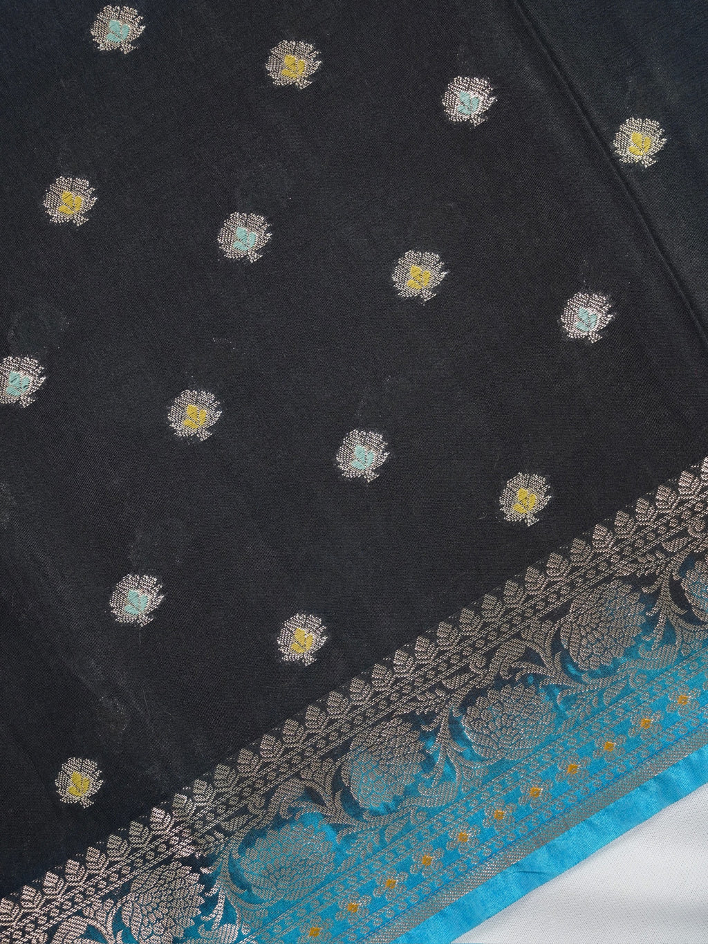 Midnight Black Banarasi Chiniya Silk Saree with Turquoise Zari Border & Floral Butis