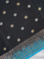 Midnight Black Banarasi Chiniya Silk Saree with Turquoise Zari Border & Floral Butis