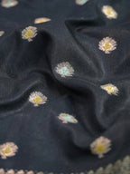 Midnight Black Banarasi Chiniya Silk Saree with Turquoise Zari Border & Floral Butis