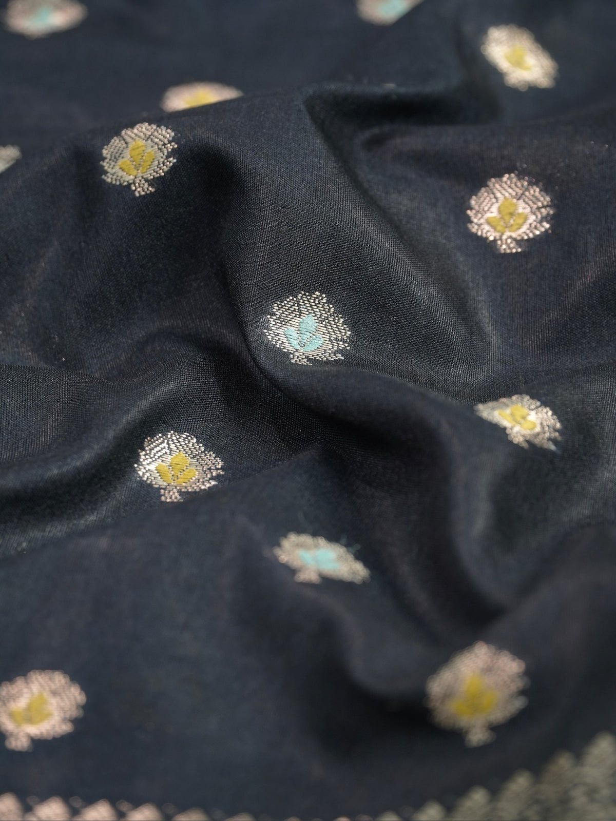 Midnight Black Banarasi Chiniya Silk Saree with Turquoise Zari Border & Floral Butis