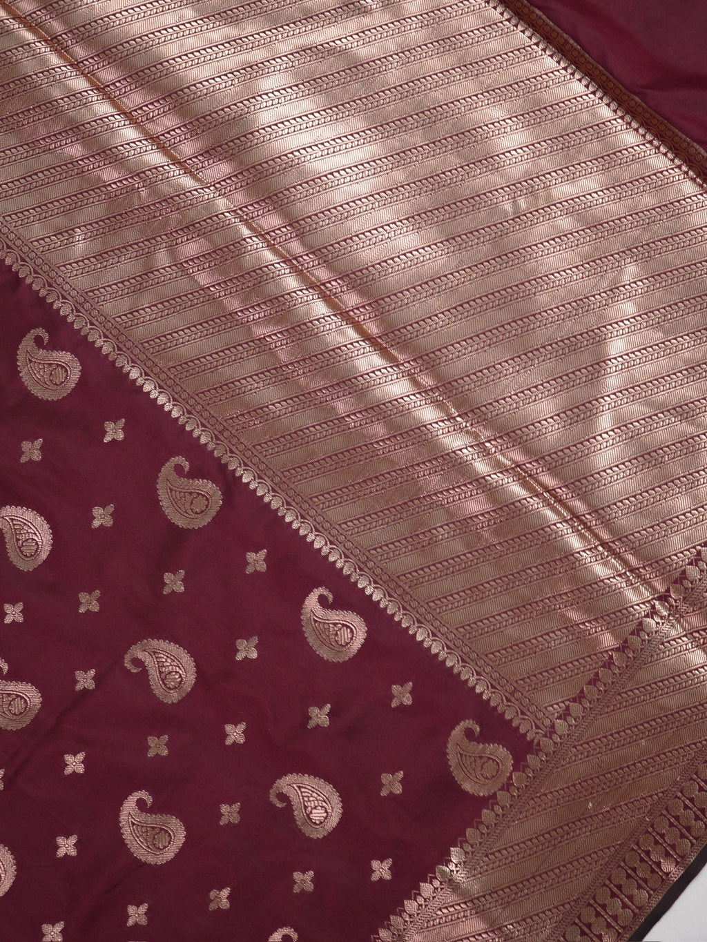 Deep Wine Banarasi Soft Katan Silk Saree with Rose Gold/Antique Zari