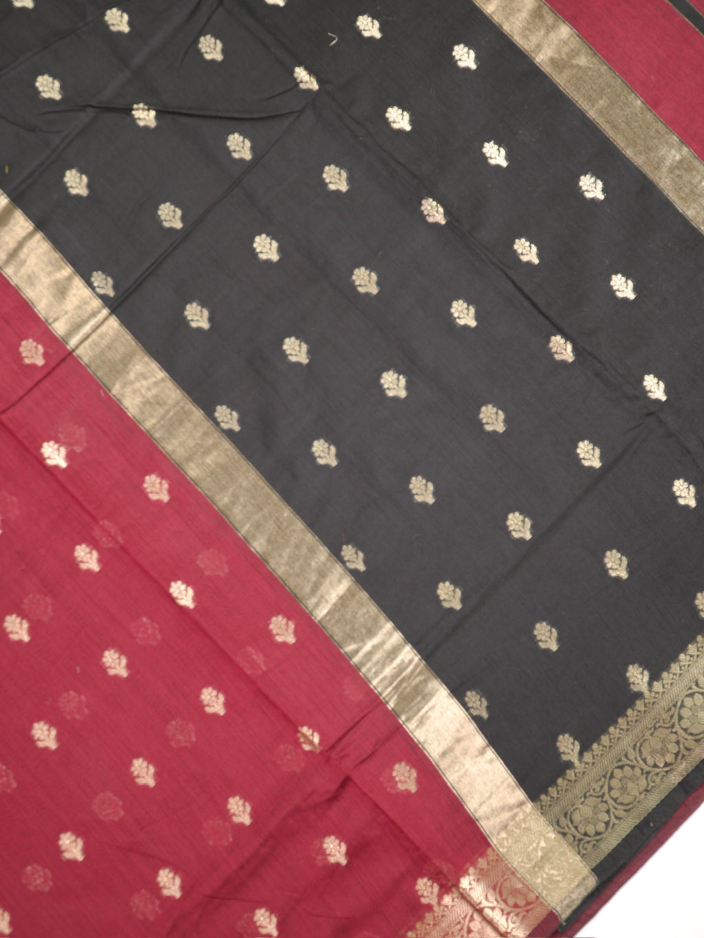 Deep Maroon & Charcoal Black Banarasi Soft Cotton Silk Saree
