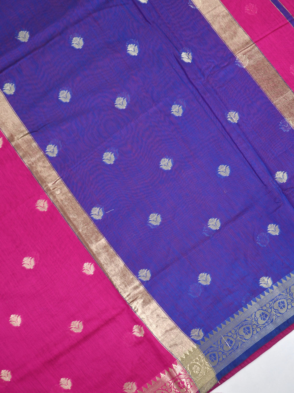 Magenta Pink & Royal Blue Banarasi Soft Cotton Silk Saree