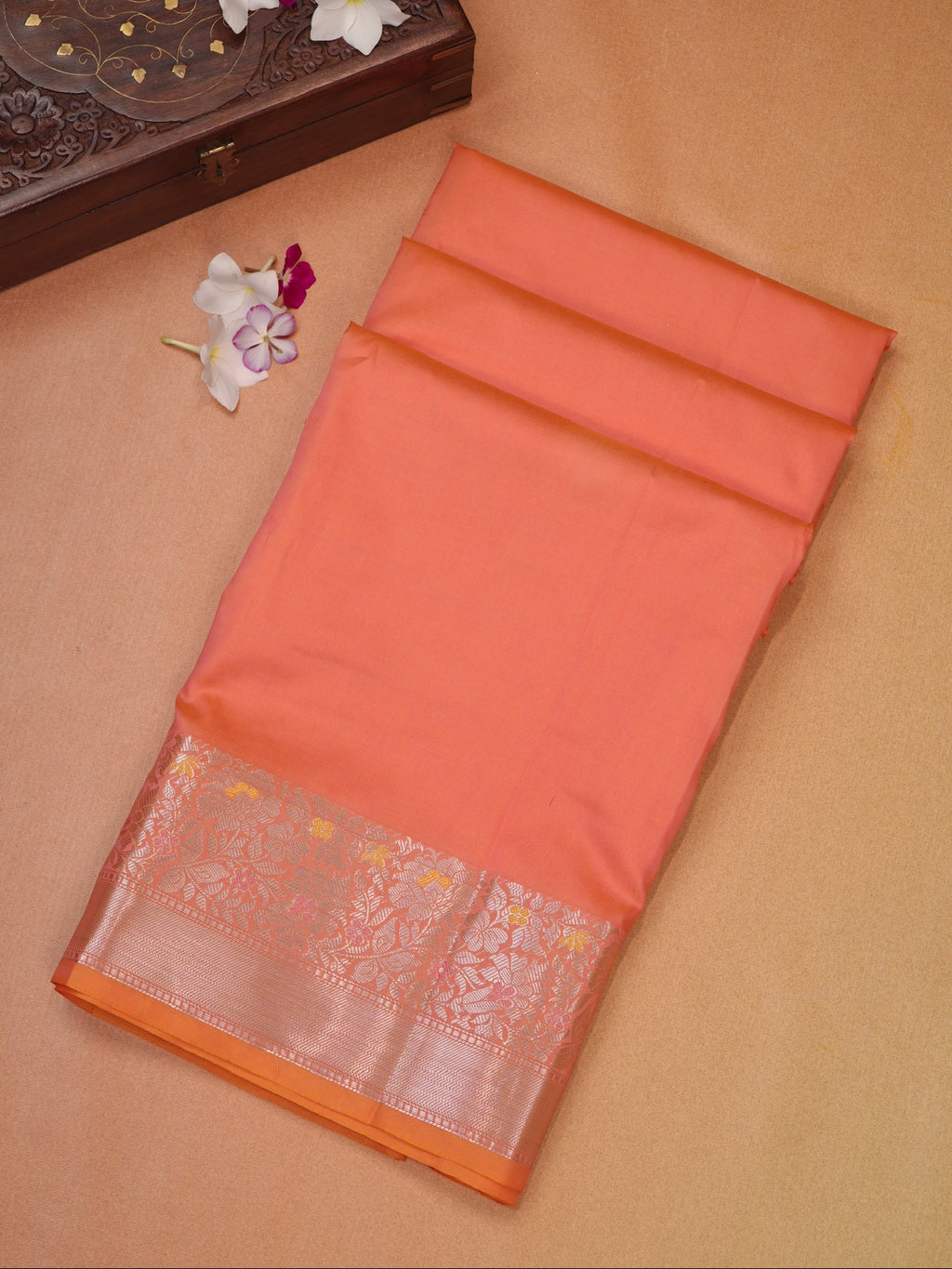 Peach Coral Banarasi Soft Silk Saree with Floral Minakari Border