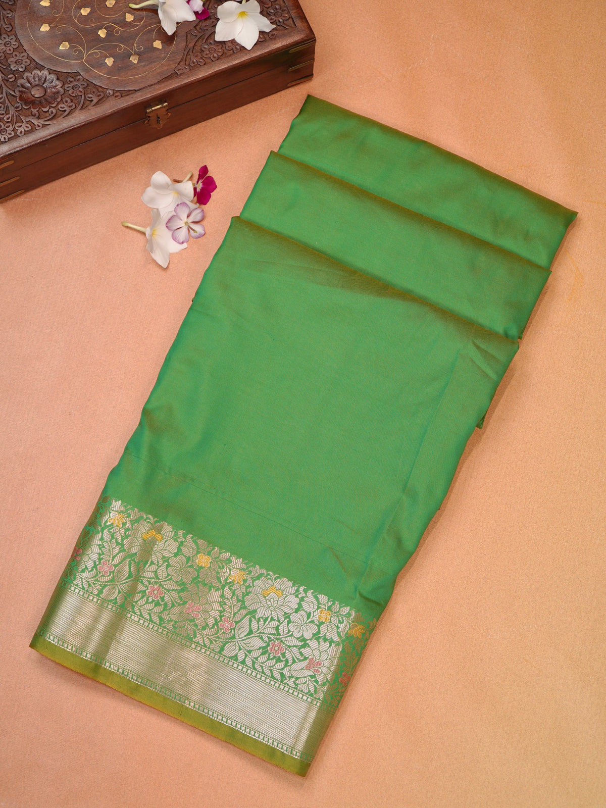 Parrot Green Banarasi Soft Silk Saree with Floral Minakari Border