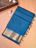 Peacock Blue Banarasi Soft Cotton Silk Saree with Temple Zari Border