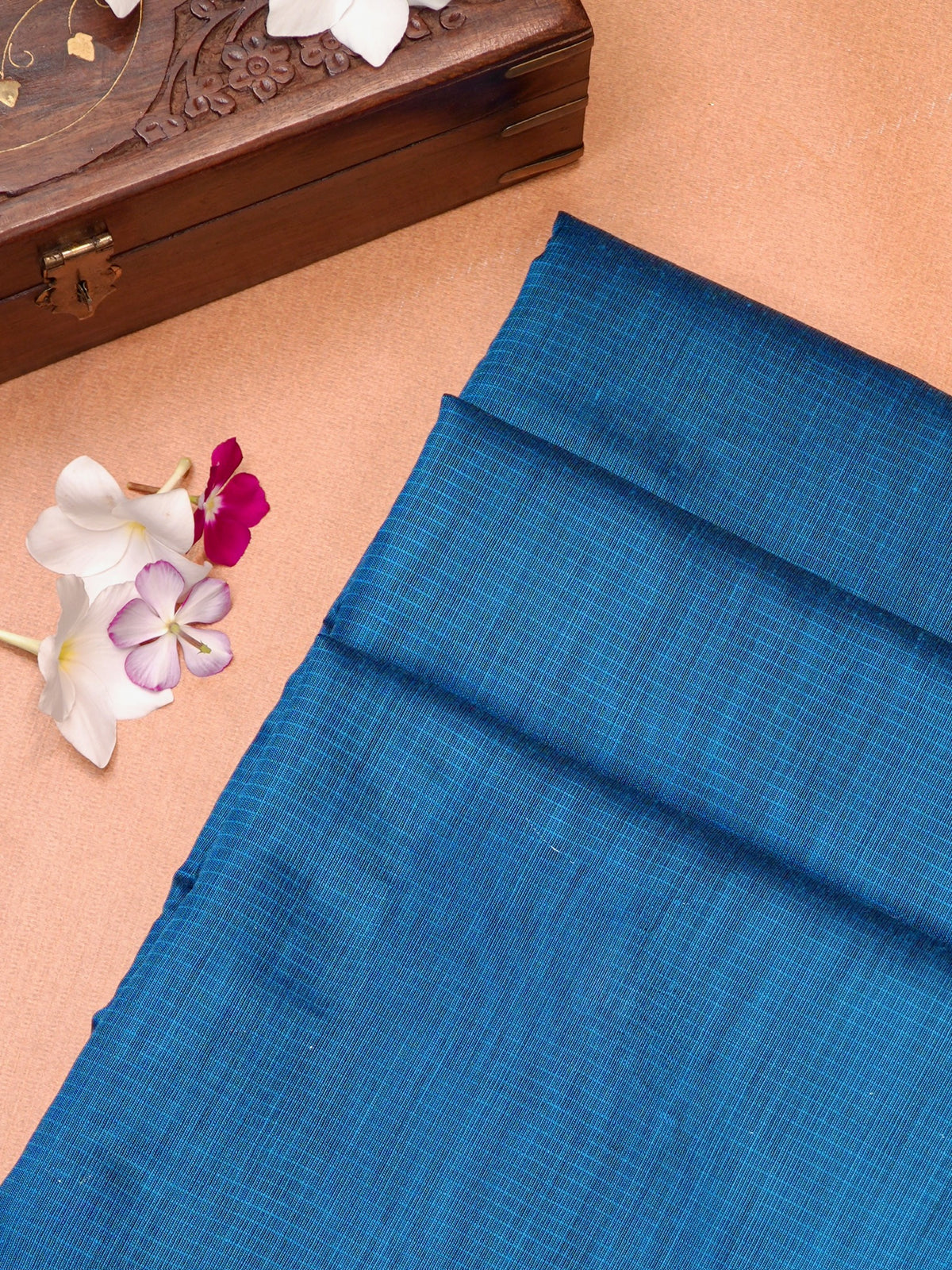 Peacock Blue Banarasi Soft Cotton Silk Saree with Temple Zari Border