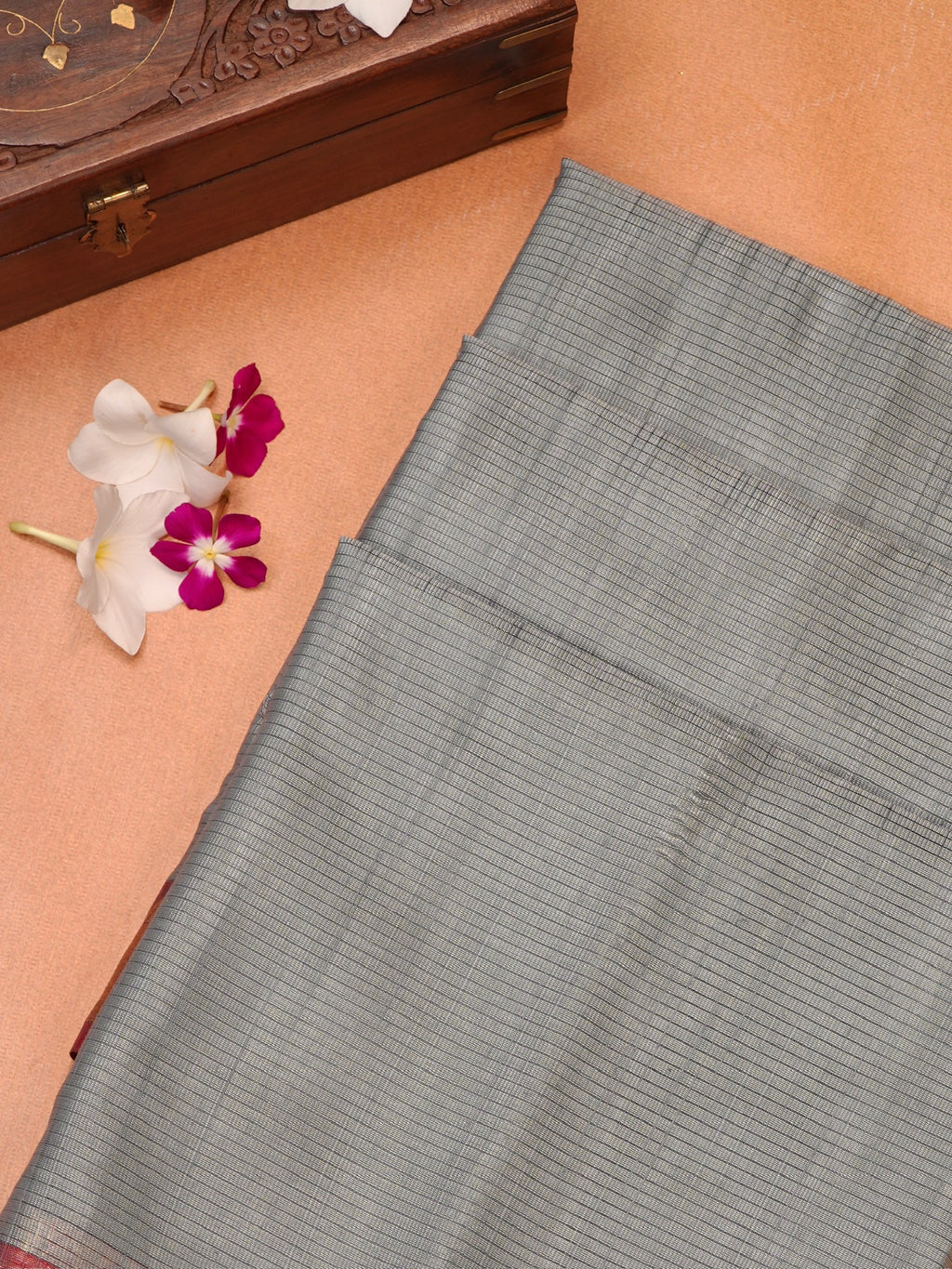 Silver Grey & Pink Soft Cotton Silk Saree with Temple Zari Border