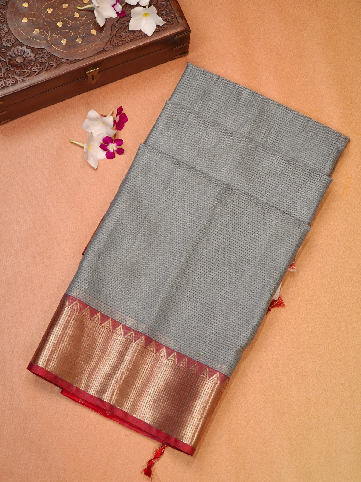 Silver Grey & Pink Soft Cotton Silk Saree with Temple Zari Border