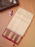 Off-White & Red Banarasi Soft Cotton Silk Saree with Temple Zari Border