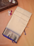 Off-White & Royal Blue Banarasi Soft Cotton Silk Saree with Temple Zari Border