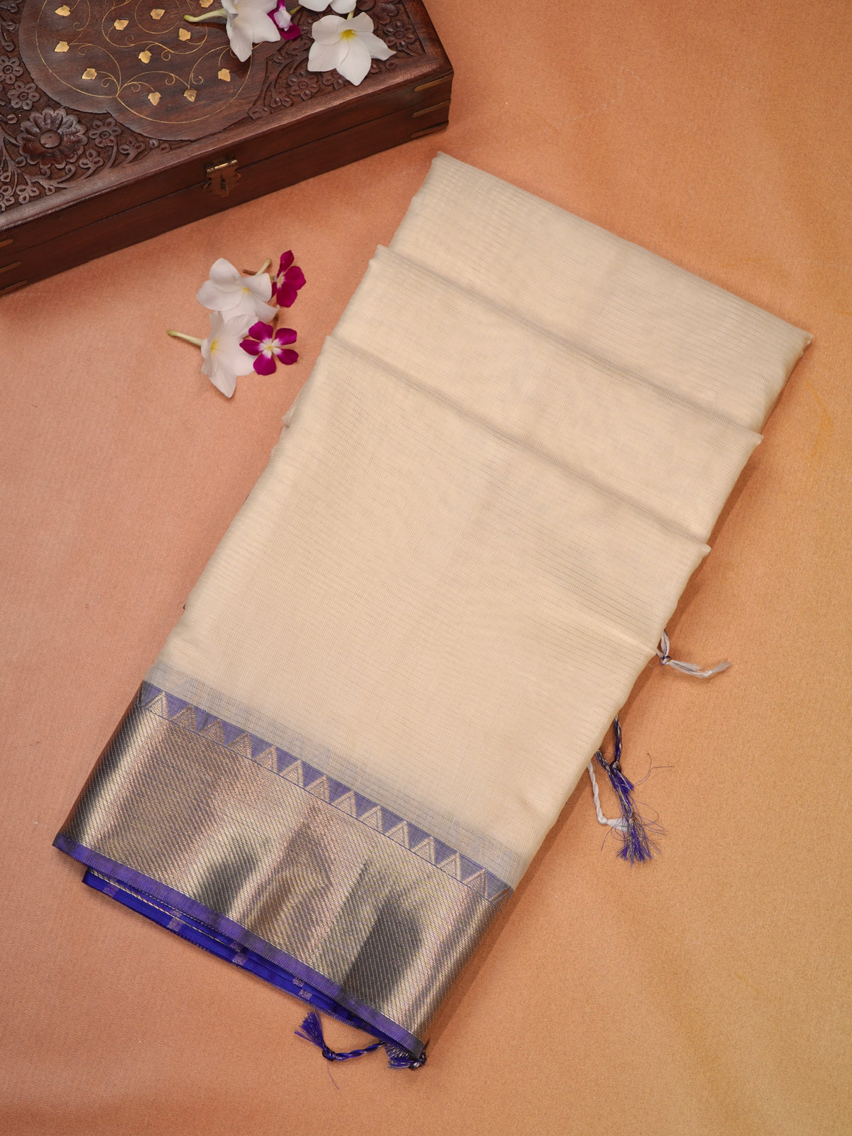 Off-White & Royal Blue Banarasi Soft Cotton Silk Saree with Temple Zari Border