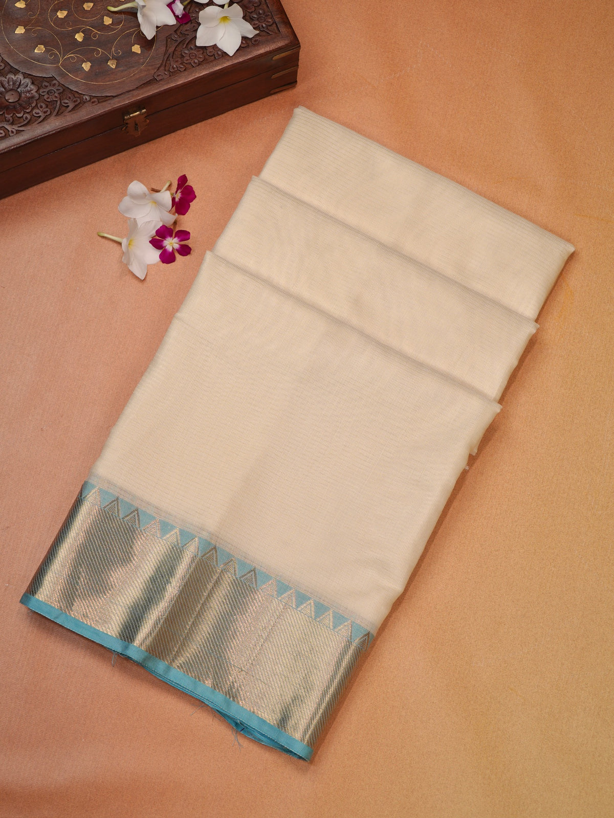 Off-White & Sky Blue Banarasi Soft Cotton Silk Saree with Temple Zari Border