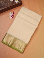 Off-White & Olive Lime Green Banarasi Soft Cotton Silk Saree with Temple Zari Border