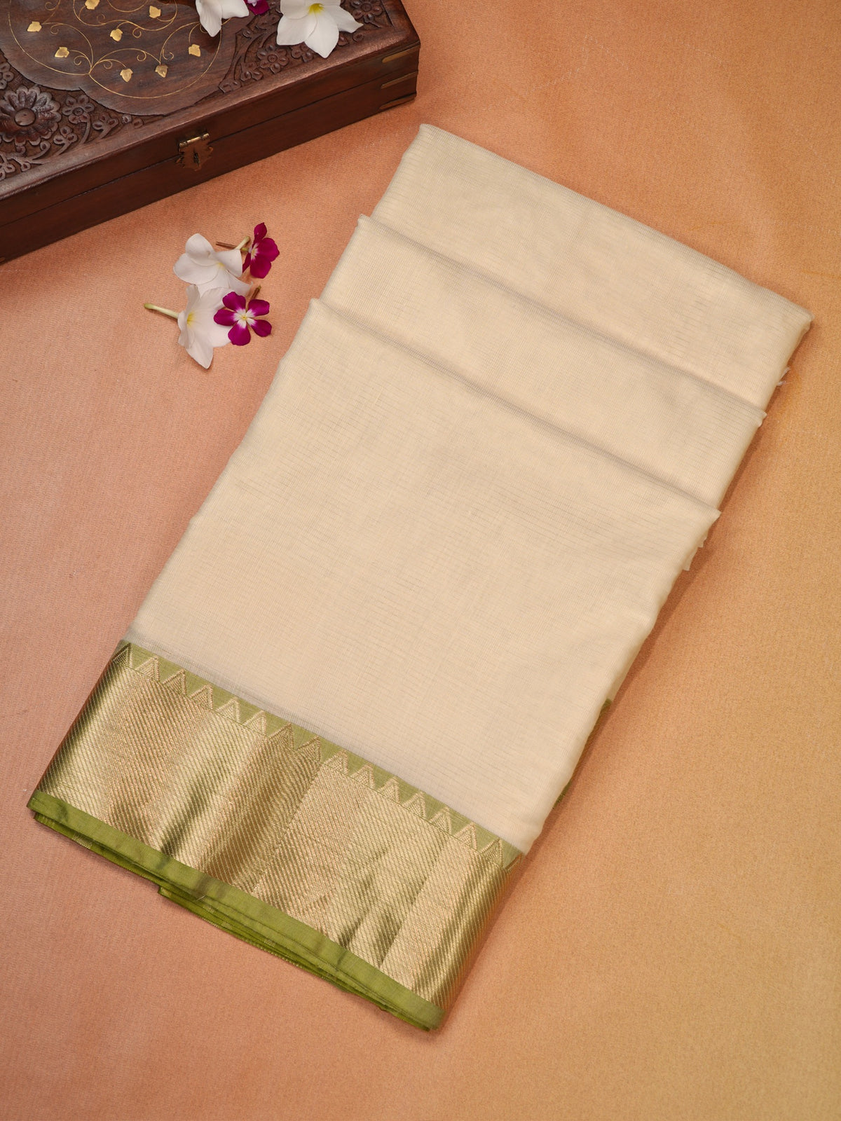Off-White & Olive Lime Green Banarasi Soft Cotton Silk Saree with Temple Zari Border