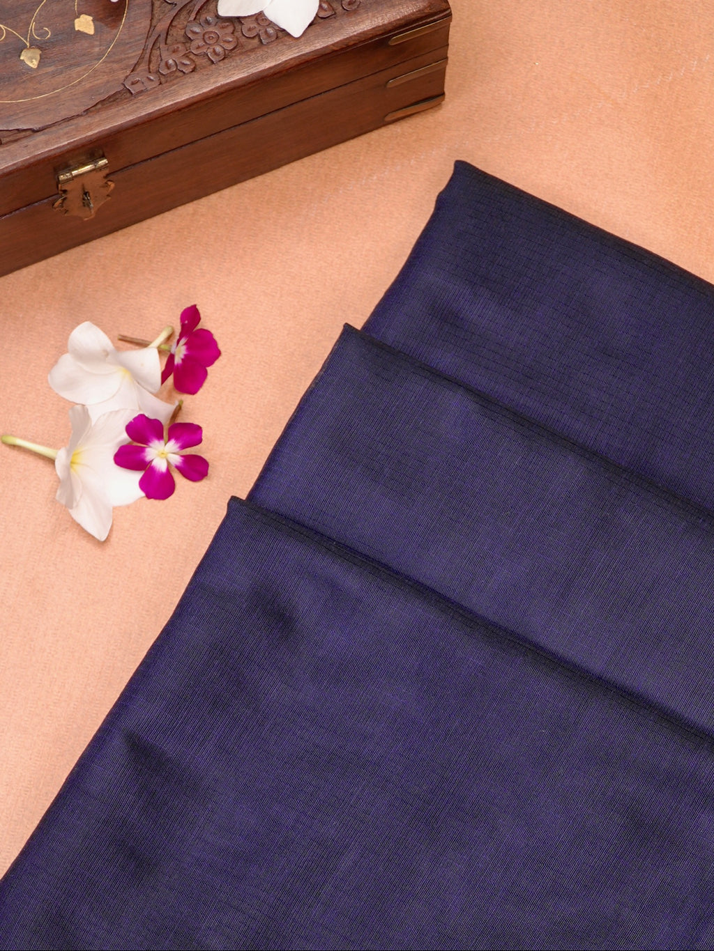 Midnight Navy Blue Banarasi Soft Cotton Silk Saree with Temple Zari Border