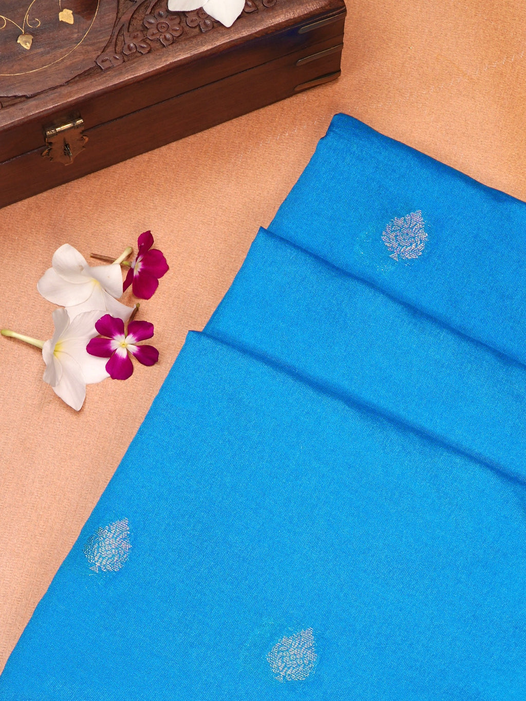 Blue Banarasi Soft Silk Saree with Silver Zari Floral Minakari
