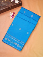 Blue Banarasi Soft Silk Saree with Silver Zari Floral Minakari