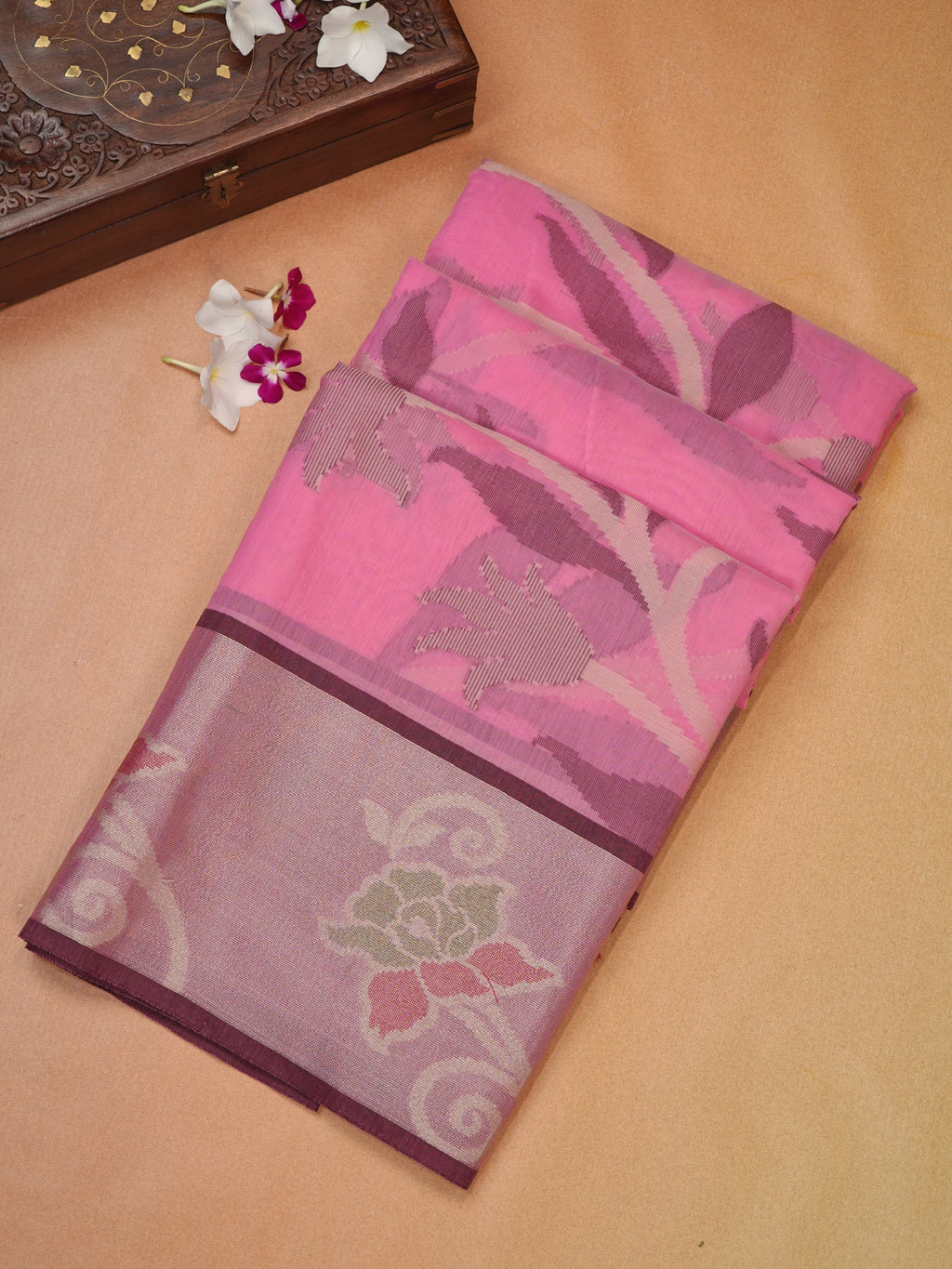 Rose Pink & Wine Red Banarasi Soft Cotton Silk Saree with Floral Jaal