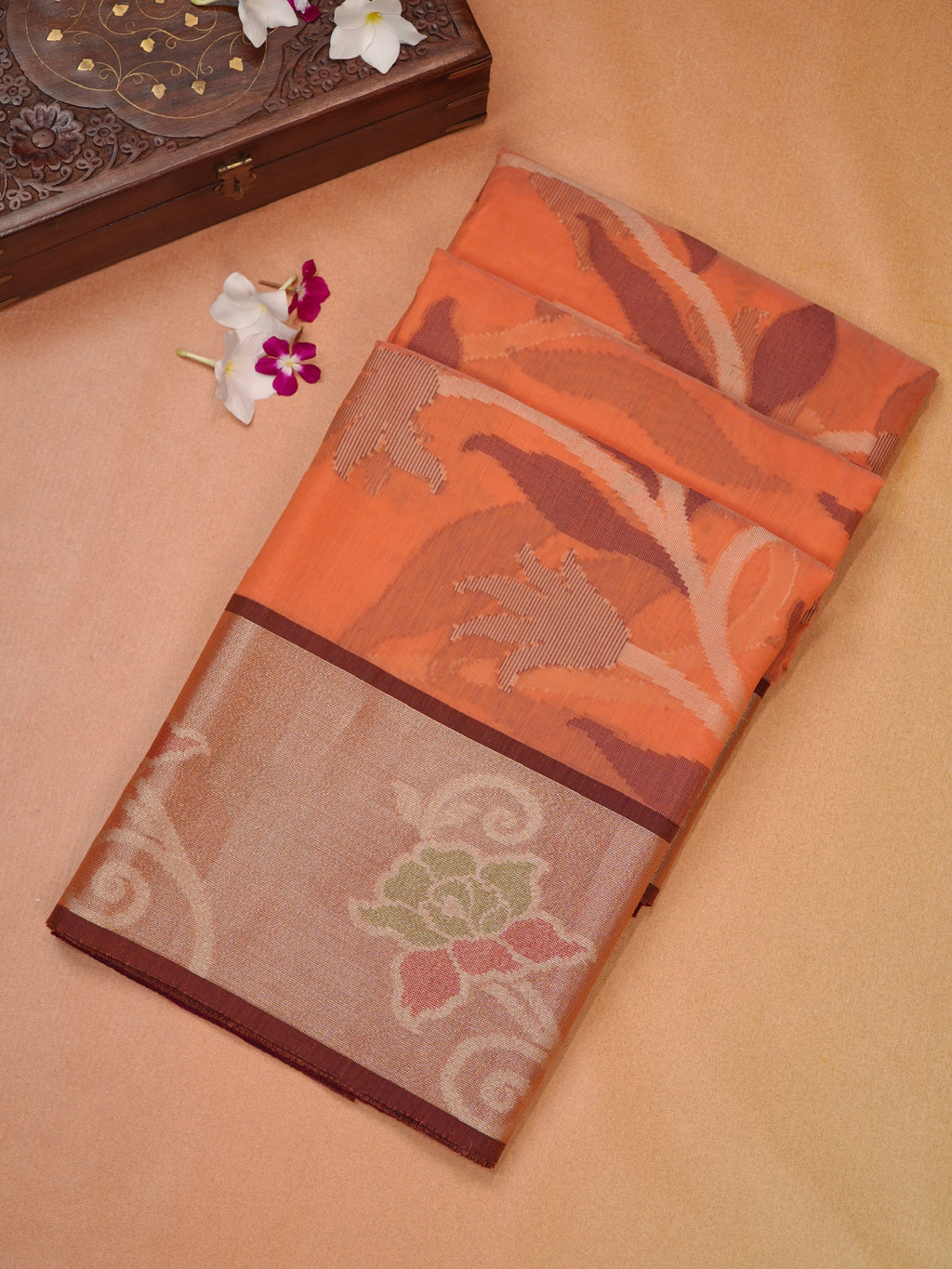 Orange & Wine Banarasi Soft Cotton Silk Saree with Floral Jaal