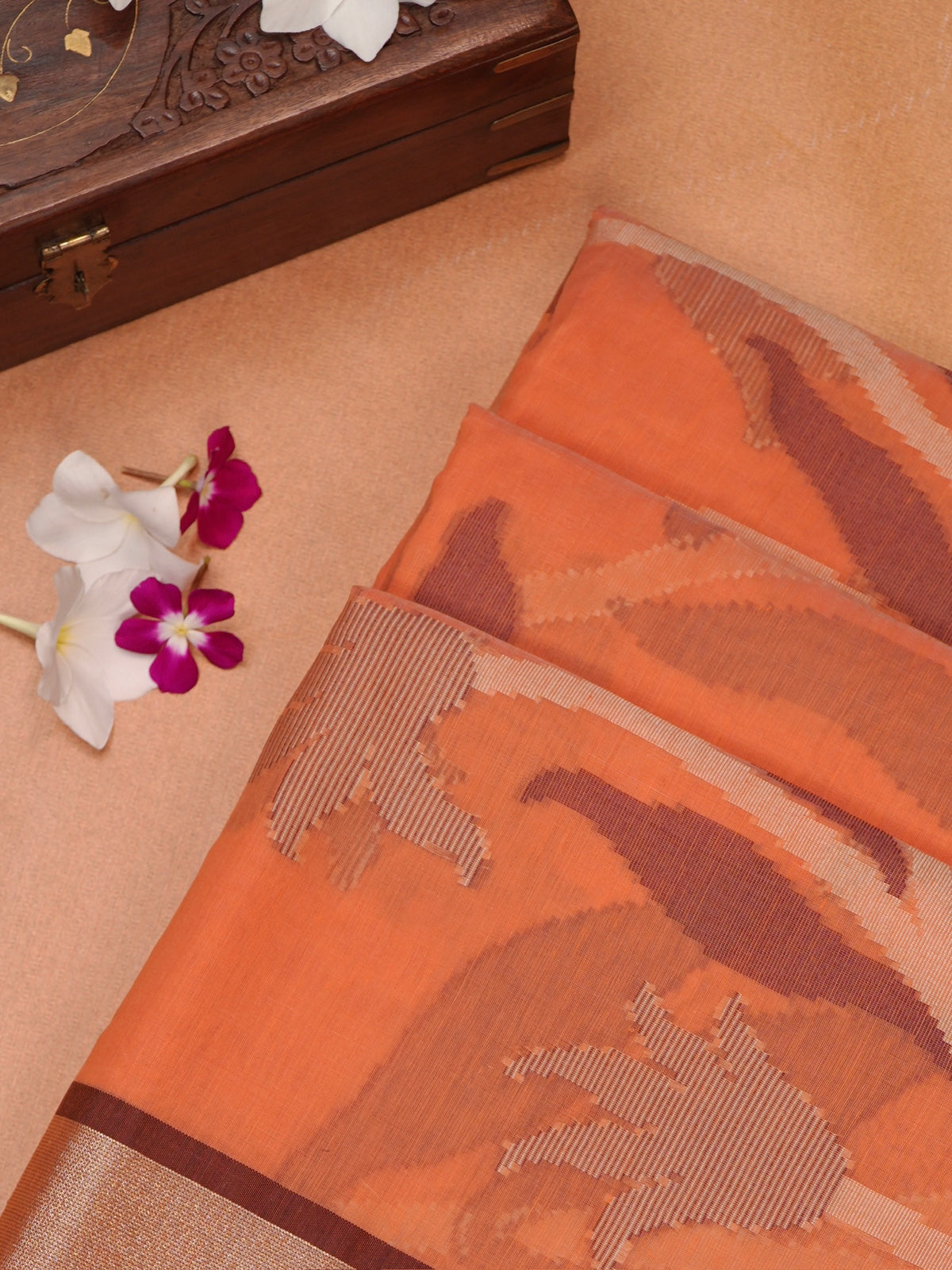 Orange & Wine Banarasi Soft Cotton Silk Saree with Floral Jaal