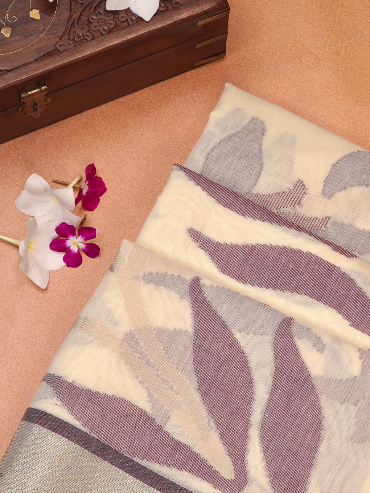 Off-White Cream & Pink Banarasi Soft Cotton Silk Saree with Floral Jaal