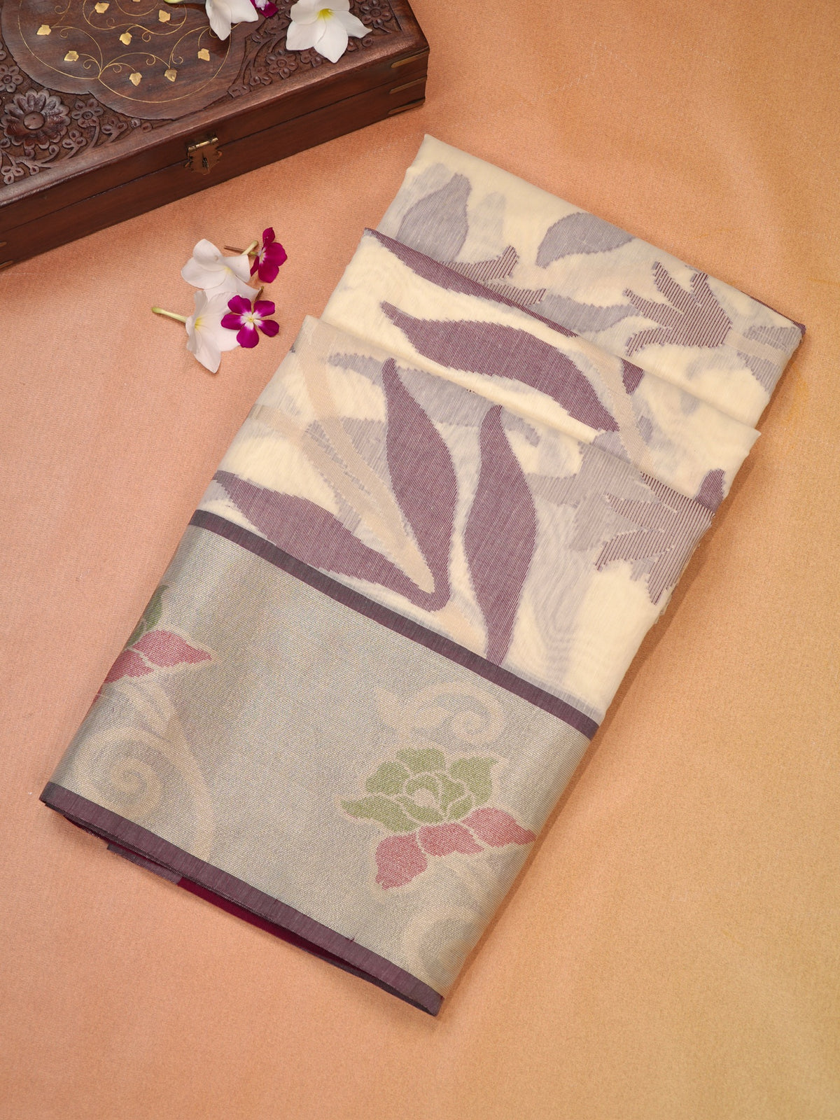 Off-White Cream & Pink Banarasi Soft Cotton Silk Saree with Floral Jaal