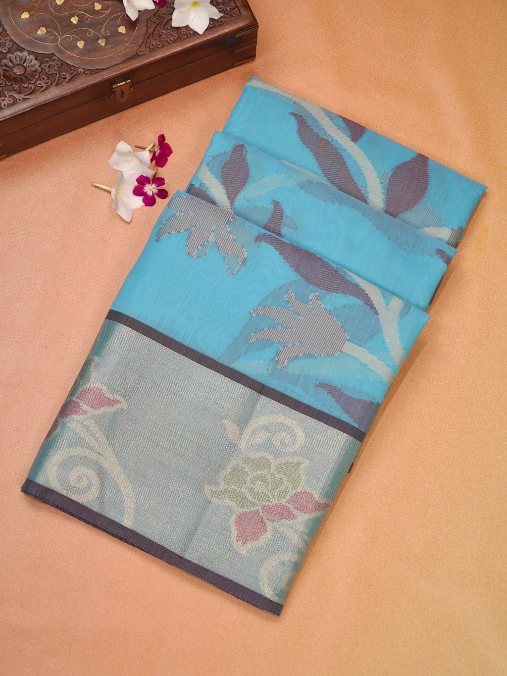 Sky Blue & pink  Banarasi Soft Cotton Silk Saree with Floral Jaal