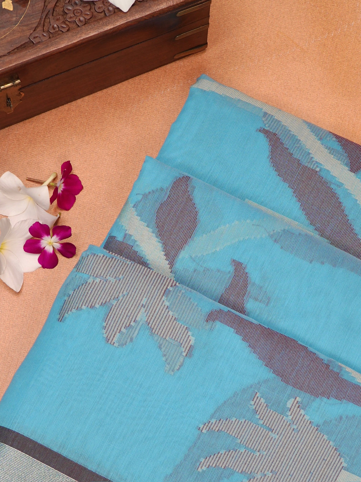 Sky Blue & pink  Banarasi Soft Cotton Silk Saree with Floral Jaal