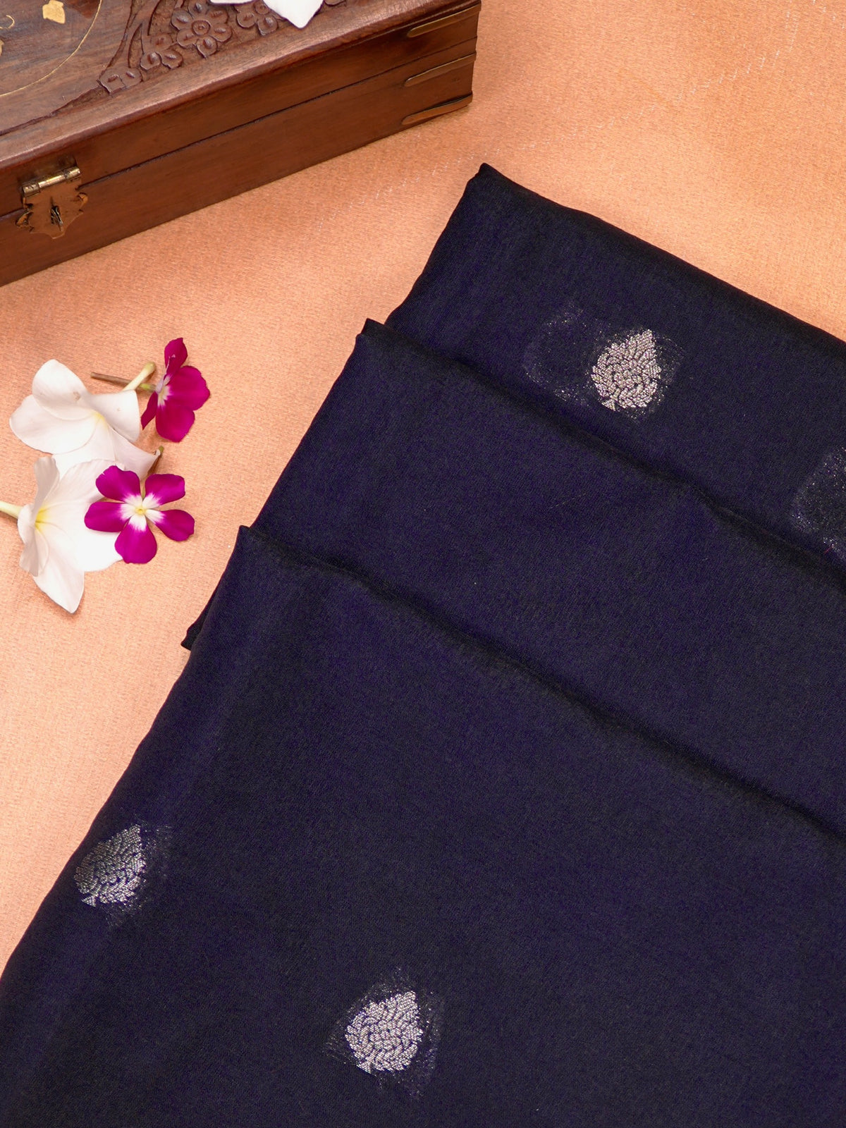 Midnight Navy Blue Banarasi Soft Silk Saree with Silver Zari Leaf Motifs Striped Pallu