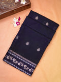Midnight Navy Blue Banarasi Soft Silk Saree with Silver Zari Leaf Motifs Striped Pallu