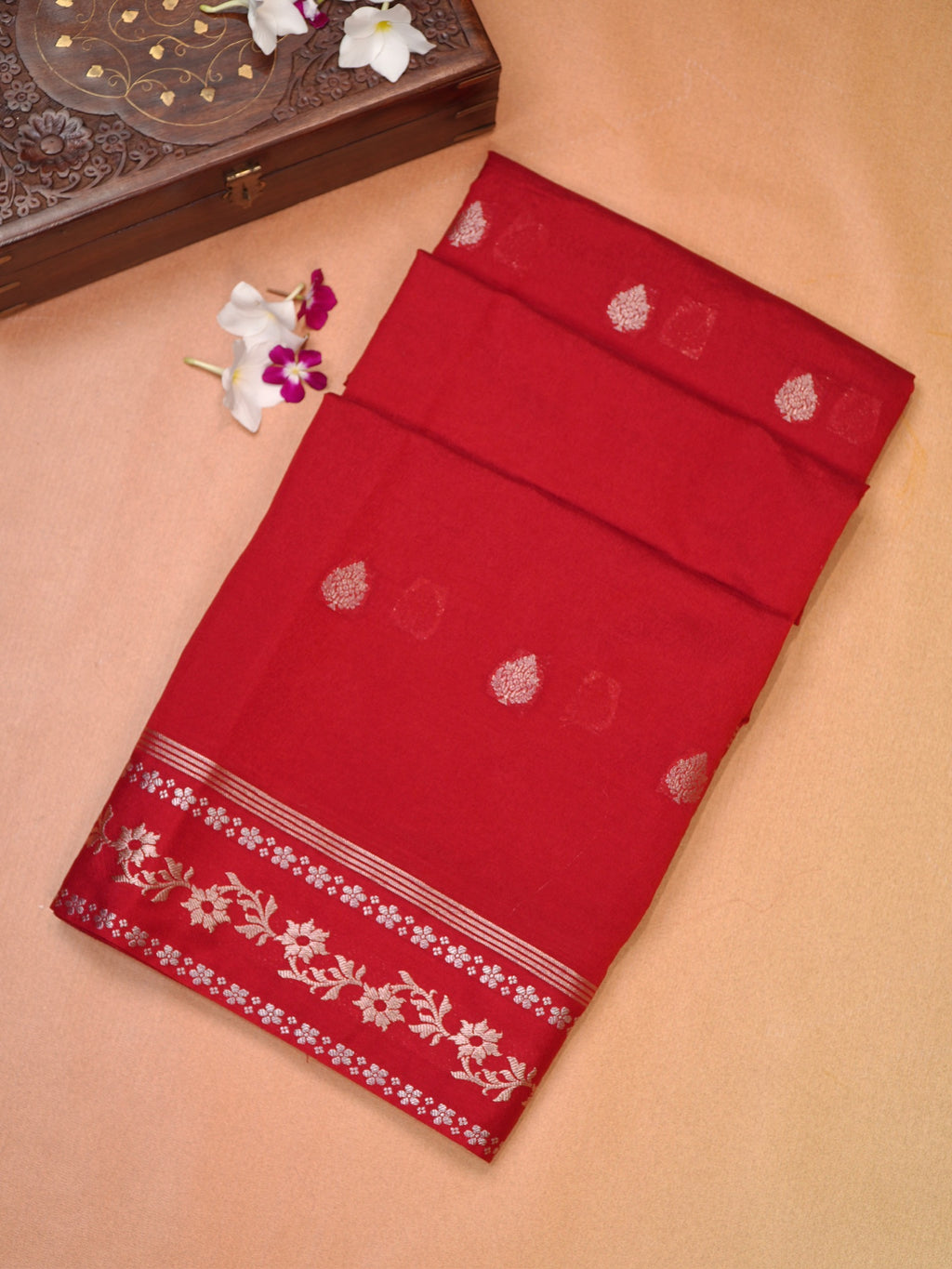 Crimson Red Banarasi Soft Silk Saree with Silver Zari Leaf Motifs Striped Pallu