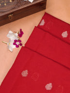 Crimson Red Banarasi Soft Silk Saree with Silver Zari Leaf Motifs Striped Pallu