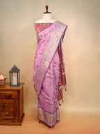 Rose Pink & Wine Red Banarasi Soft Cotton Silk Saree with Floral Jaal