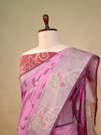 Rose Pink & Wine Red Banarasi Soft Cotton Silk Saree with Floral Jaal