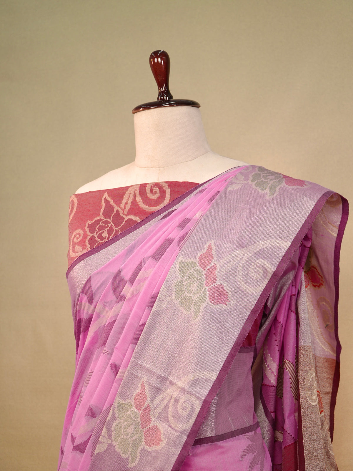 Rose Pink & Wine Red Banarasi Soft Cotton Silk Saree with Floral Jaal