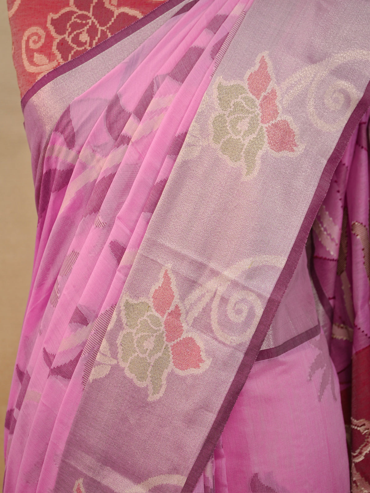 Rose Pink & Wine Red Banarasi Soft Cotton Silk Saree with Floral Jaal