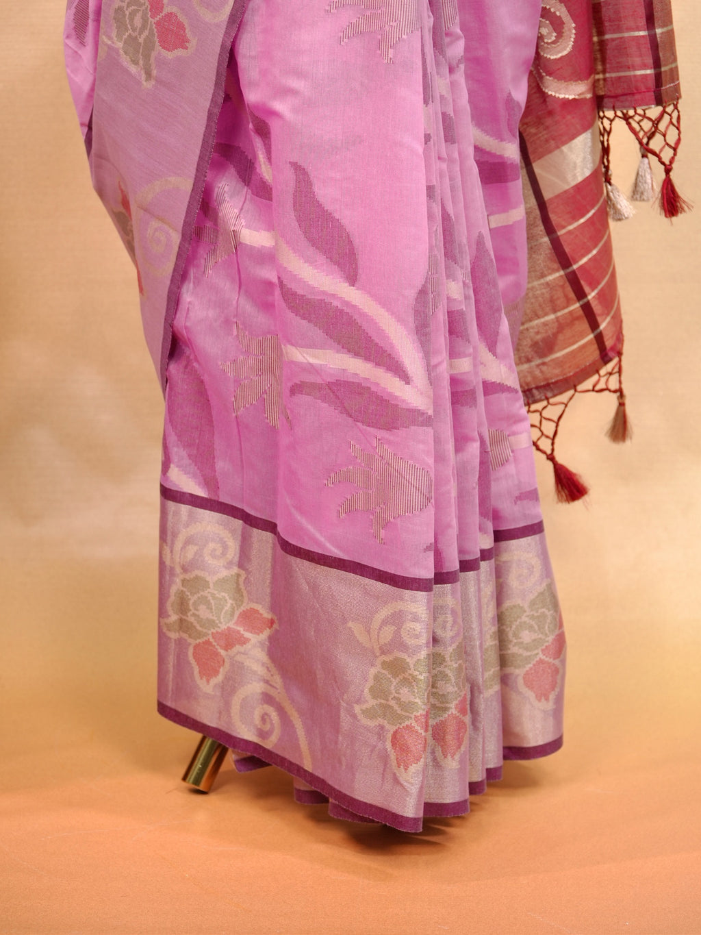 Rose Pink & Wine Red Banarasi Soft Cotton Silk Saree with Floral Jaal