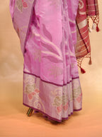 Rose Pink & Wine Red Banarasi Soft Cotton Silk Saree with Floral Jaal