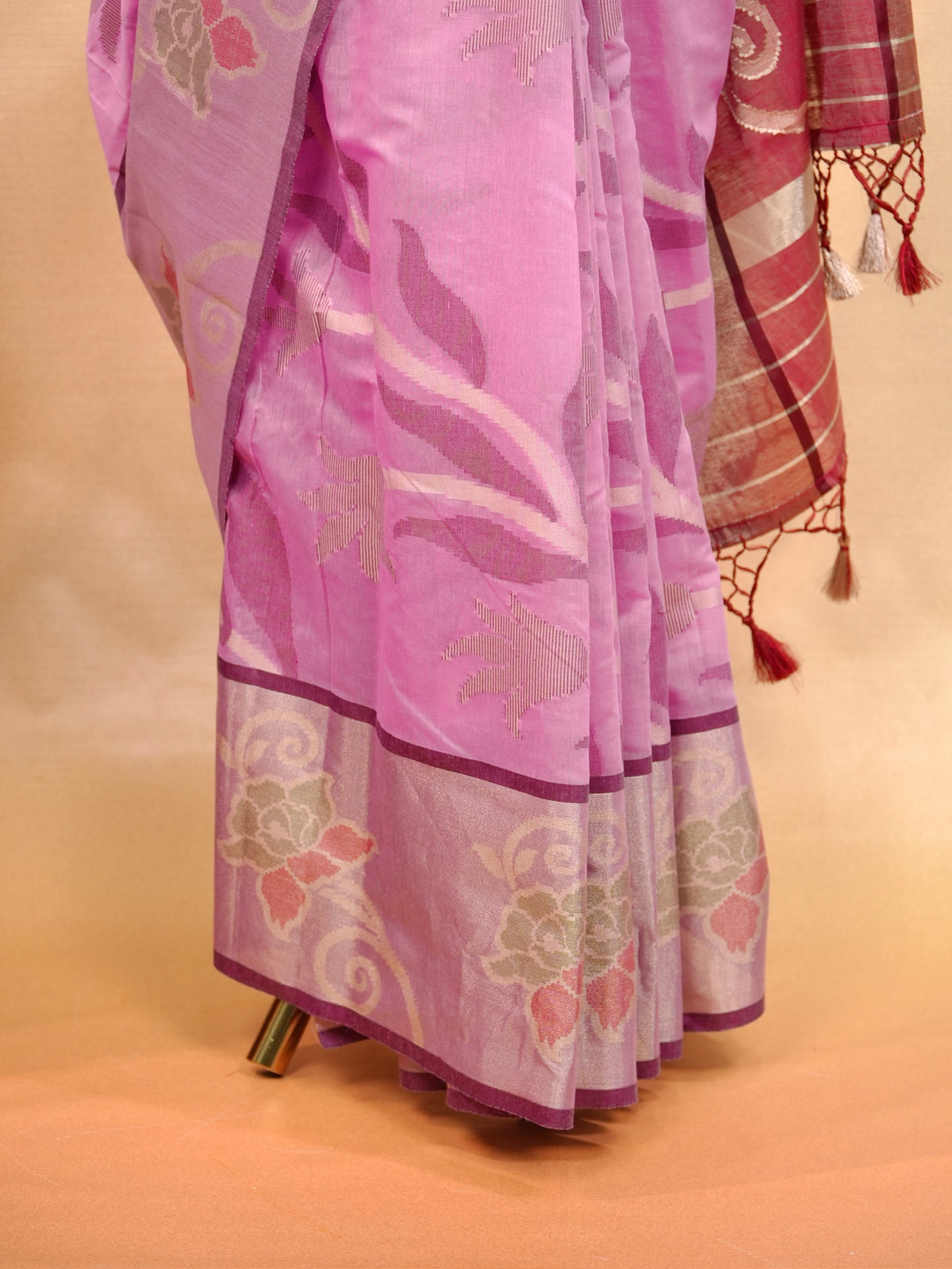 Rose Pink & Wine Red Banarasi Soft Cotton Silk Saree with Floral Jaal