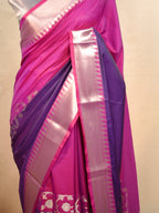 Rani Pink & Deep Purple Banarasi Soft Silk Saree with Silver Zari Korvai