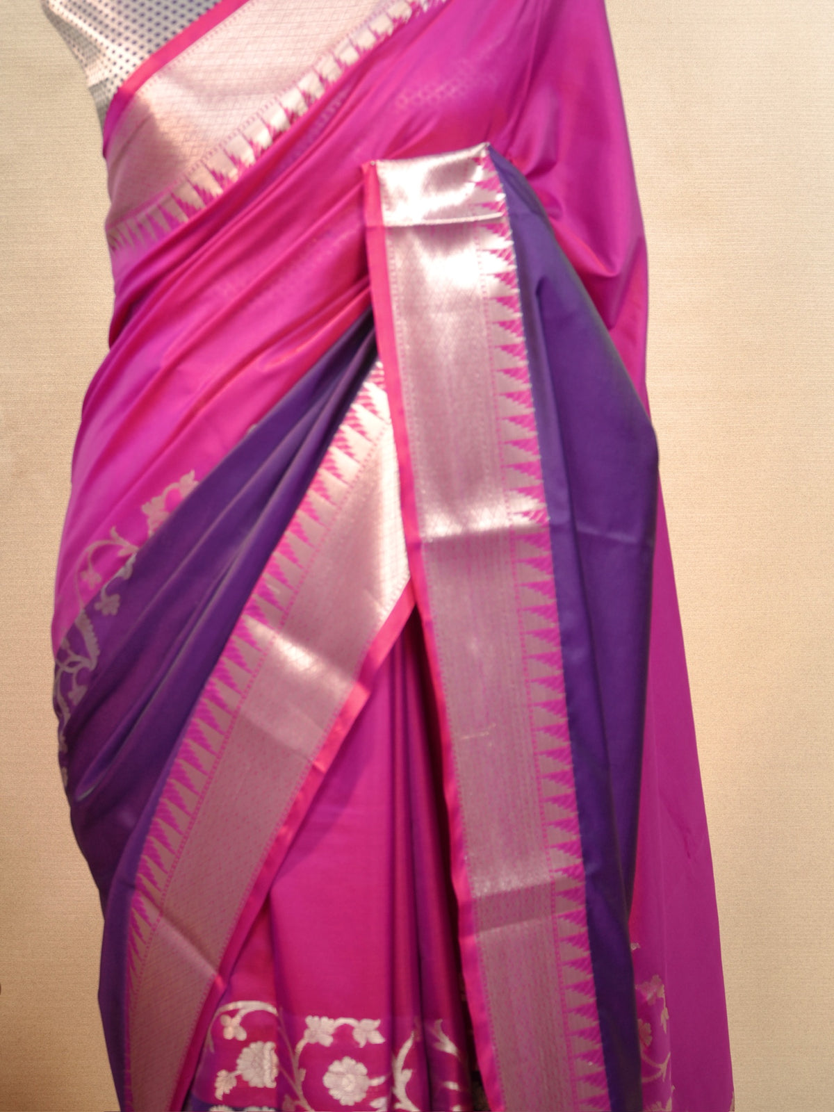 Rani Pink & Deep Purple Banarasi Soft Silk Saree with Silver Zari Korvai
