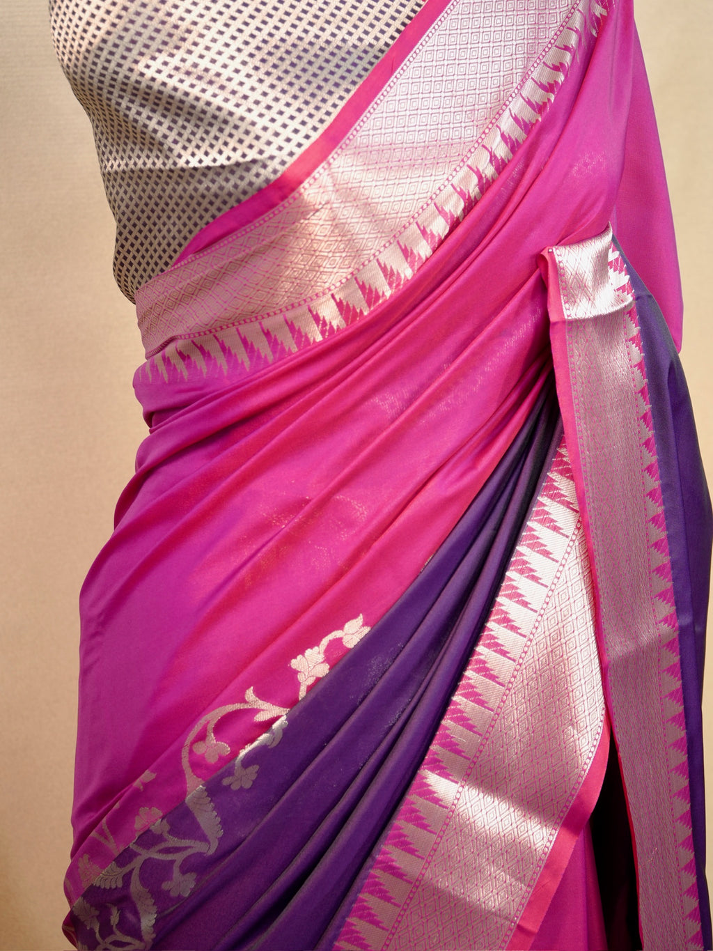 Rani Pink & Deep Purple Banarasi Soft Silk Saree with Silver Zari Korvai