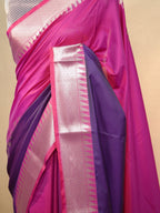 Rani Pink & Deep Purple Banarasi Soft Silk Saree with Silver Zari Korvai