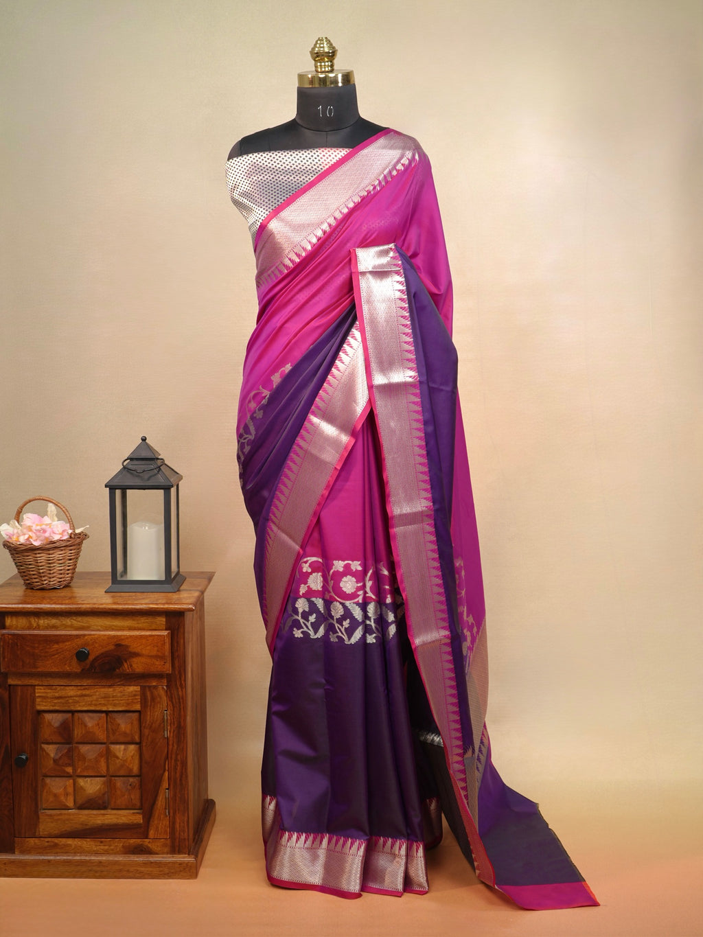 Rani Pink & Deep Purple Banarasi Soft Silk Saree with Silver Zari Korvai