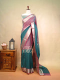 Mauve Rose & Peacock Teal Banarasi Soft Silk Saree with Silver Zari Korvai