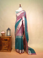 Mauve Rose & Peacock Teal Banarasi Soft Silk Saree with Silver Zari Korvai