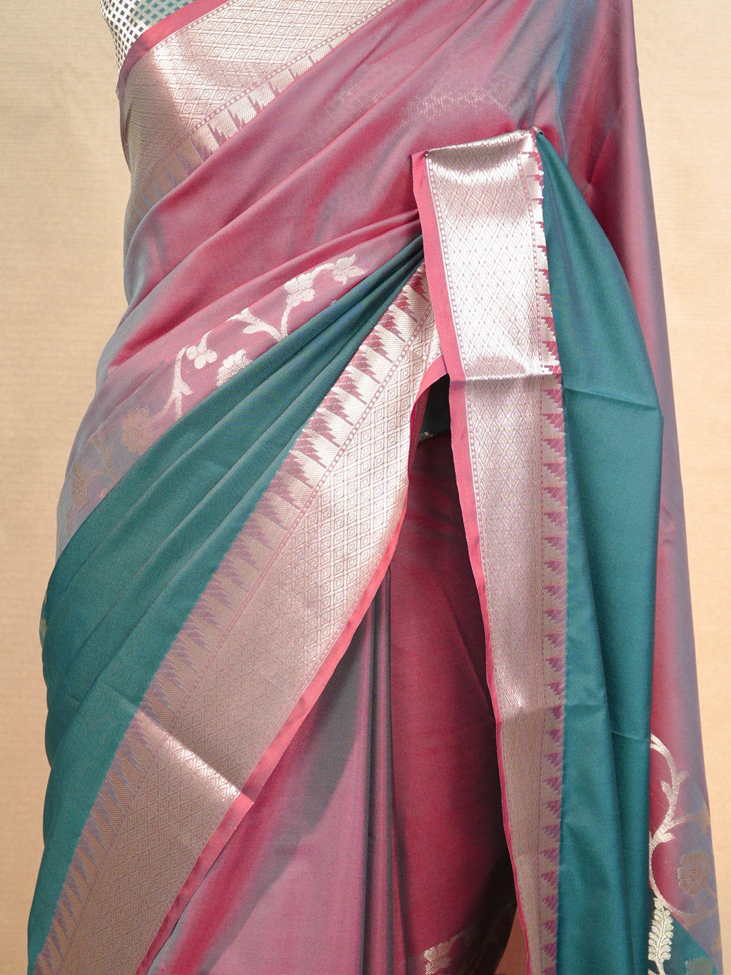 Mauve Rose & Peacock Teal Banarasi Soft Silk Saree with Silver Zari Korvai