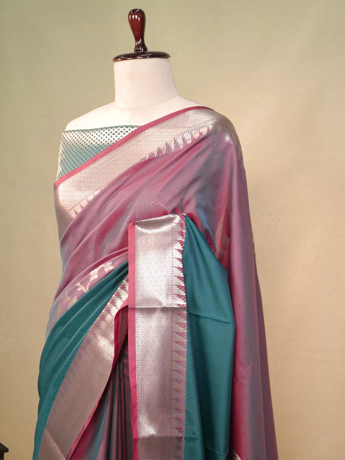 Mauve Rose & Peacock Teal Banarasi Soft Silk Saree with Silver Zari Korvai